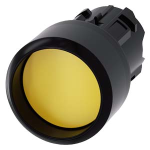 tlačítko, 22 mm, kulaté, plast, žluté, čelní krouž