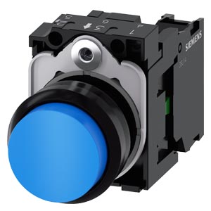 tlačítko, 22 mm, kulaté, plast, modrá, stiskací kn