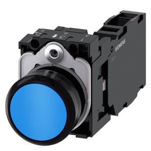 tlačítko, 22 mm, kulaté, plast, modrá, stiskací kn