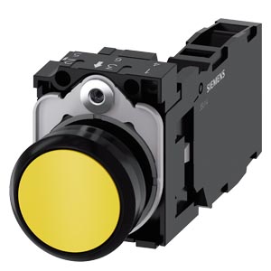 tlačítko, 22 mm, kulaté, plast, žlutá barva, stisk