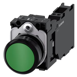 tlačítko, 22 mm, kulaté, plast, zelená, stiskací k