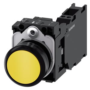 tlačítko, 22 mm, kulaté, plast, žlutá barva, stisk