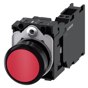 tlačítko, 22 mm, kulaté, plast, červená, stiskací 