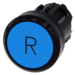 tlačítko, 22 mm, kulaté, plast, modré, popisek: R,